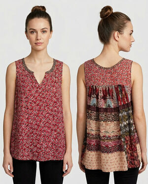 One September Anthropologie Tank Top L Red Blue Patchwork Rayon Boho Resort